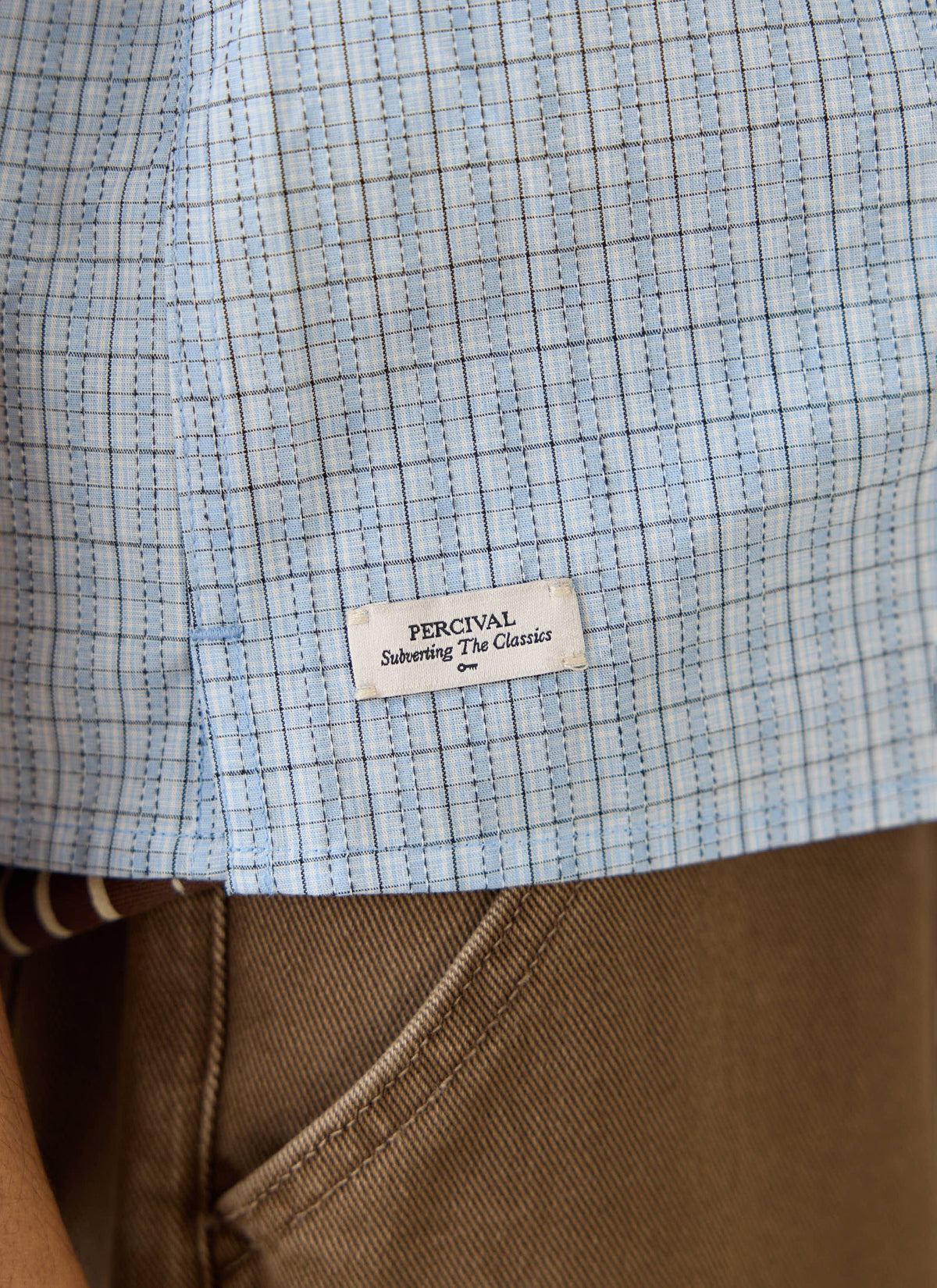 Men's Boxy Short Sleeve Shirt - Cotton - Blue Check - Percival