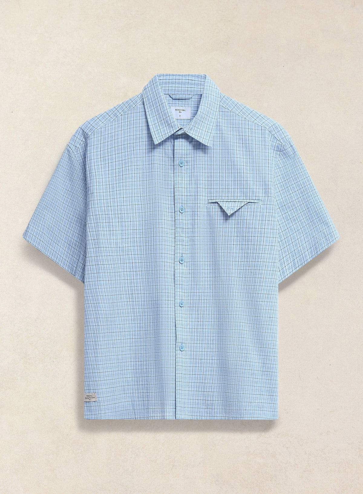 Men's Boxy Short Sleeve Shirt - Cotton - Blue Check - Percival