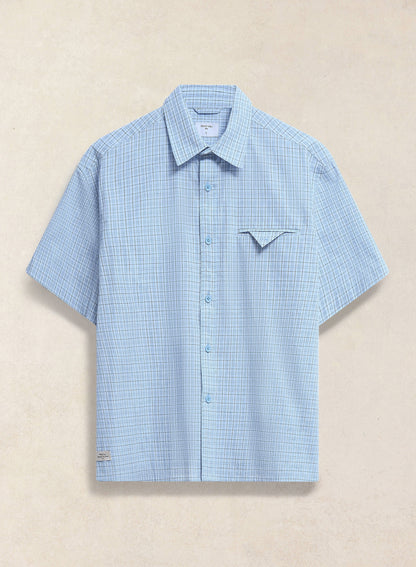 Men's Boxy Short Sleeve Shirt - Cotton - Blue Check - Percival