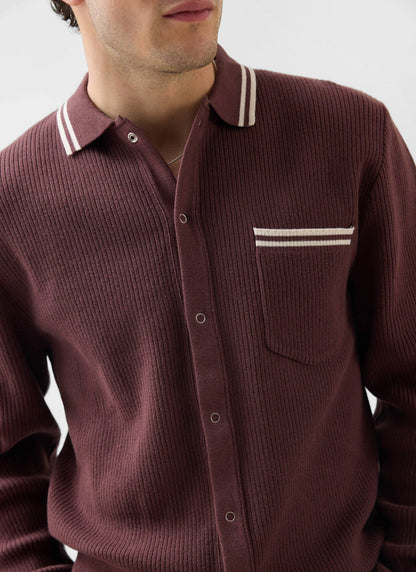 Men's Knit Shirt - Long Sleeve - Cuban Collar - Espresso Brown