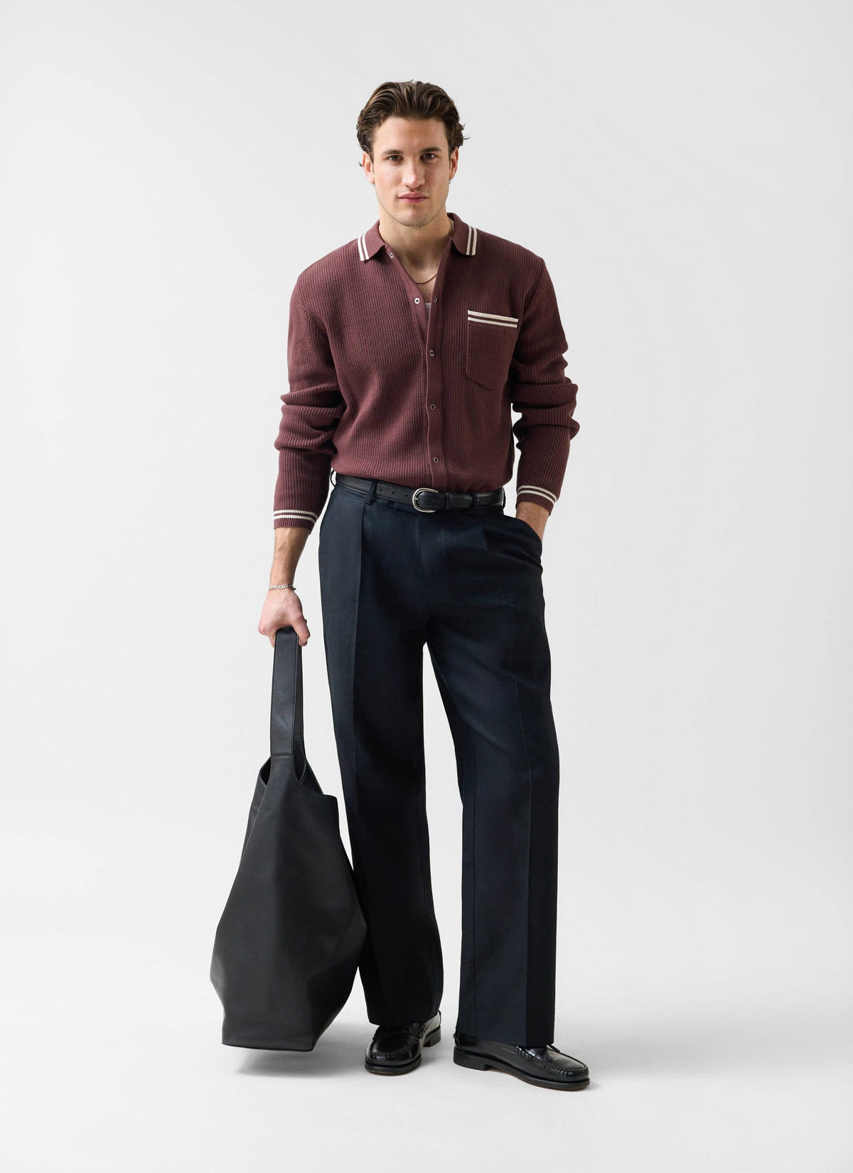 Men's Knit Shirt - Long Sleeve - Cuban Collar - Espresso Brown