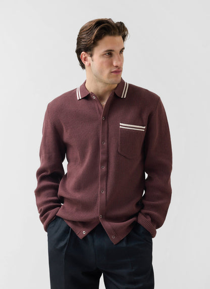Men's Knit Shirt - Long Sleeve - Cuban Collar - Espresso Brown