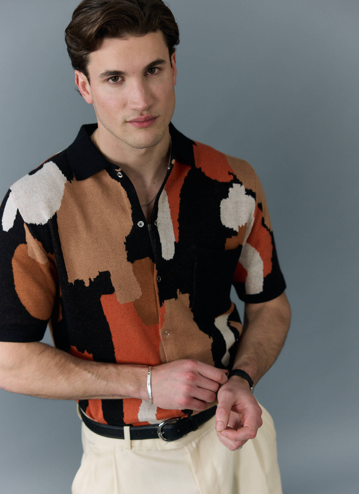 Men's Knitted Shirt Sleeve Shirt - Jacquard - Multicolour