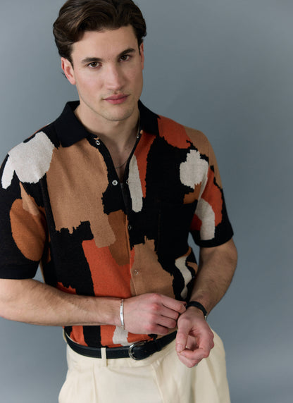 Men's Knitted Shirt Sleeve Shirt - Jacquard - Multicolour