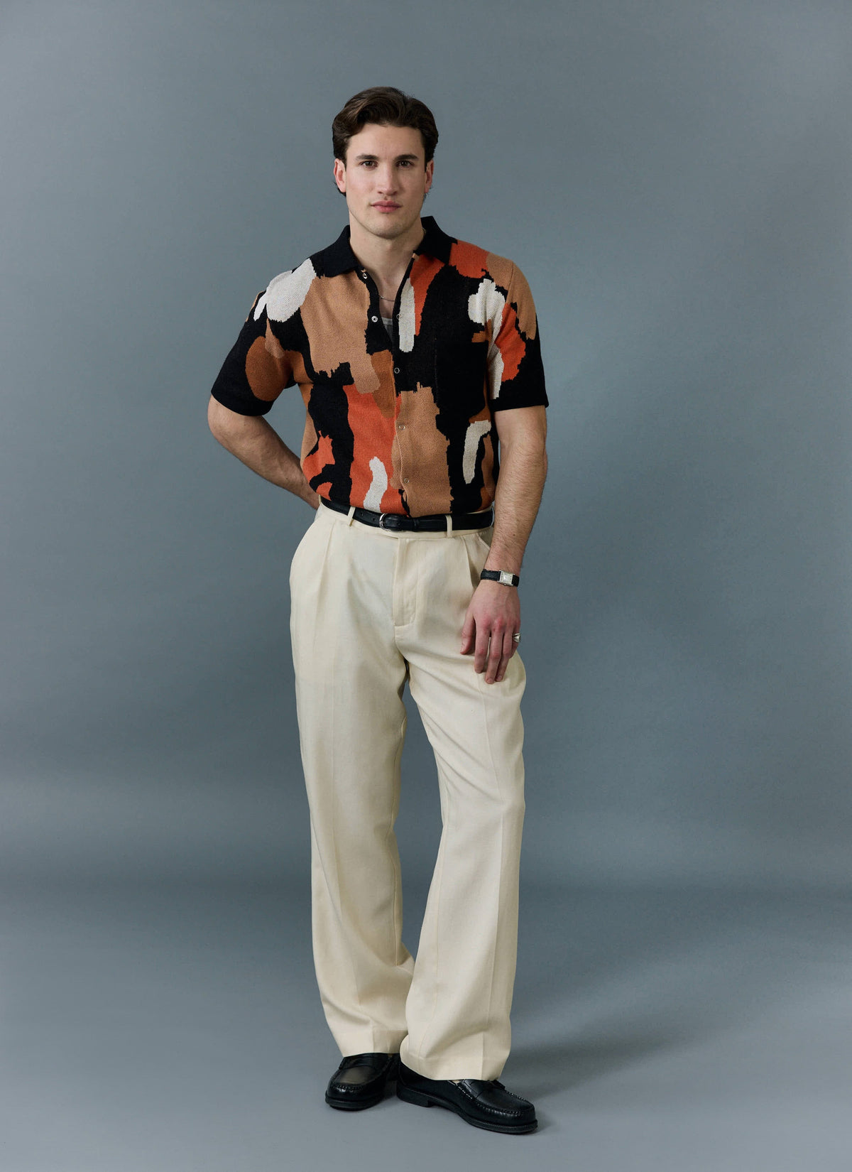 Men's Knitted Shirt Sleeve Shirt - Jacquard - Multicolour