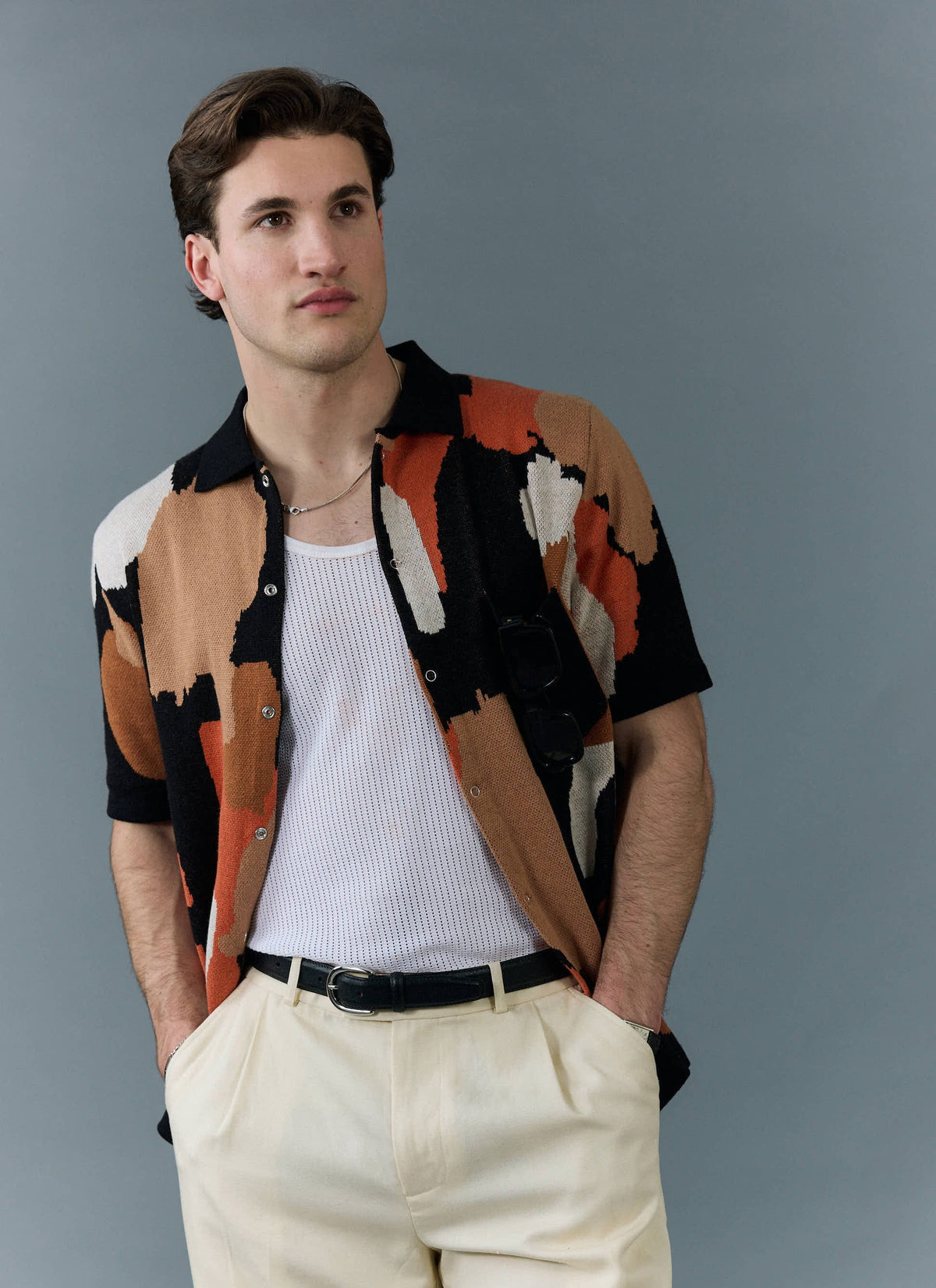 Men's Knitted Shirt Sleeve Shirt - Jacquard - Multicolour