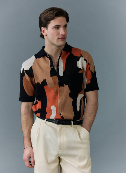 Men's Knitted Shirt Sleeve Shirt - Jacquard - Multicolour