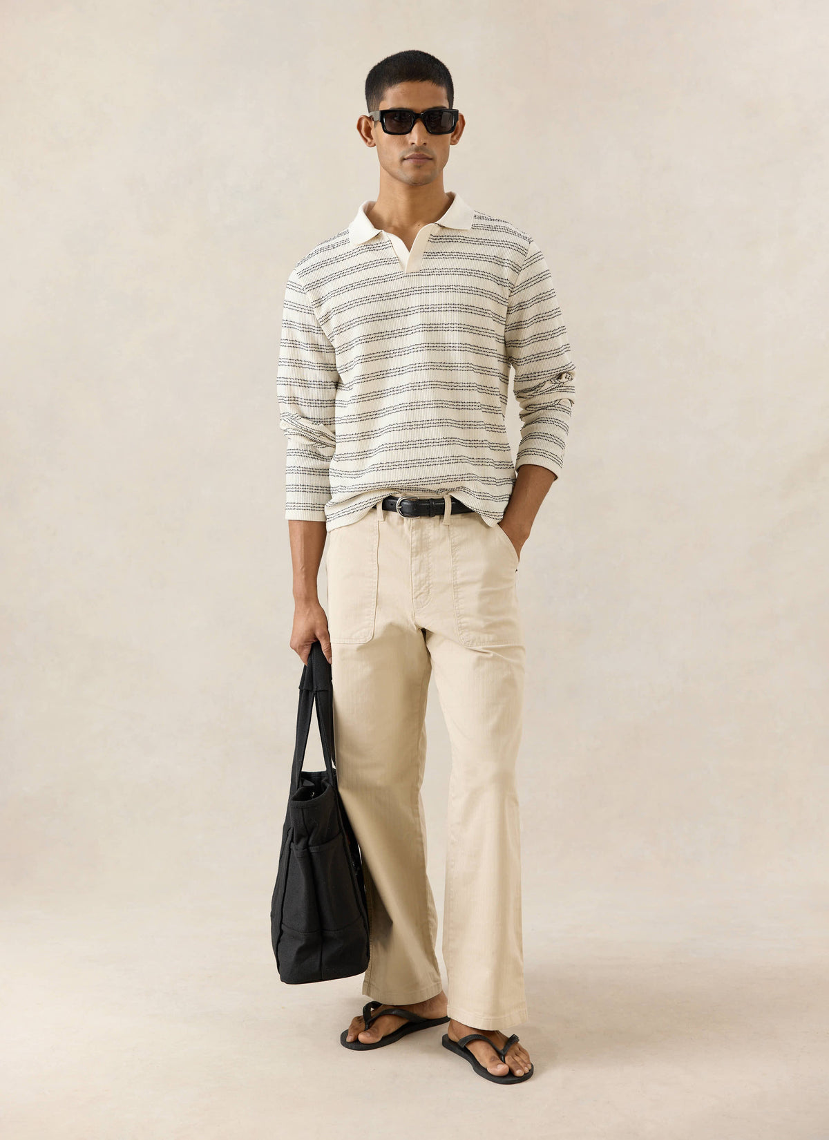Men's Long Sleeve Knit Polo Shirt - Cotton - Cream Stripe - Percival
