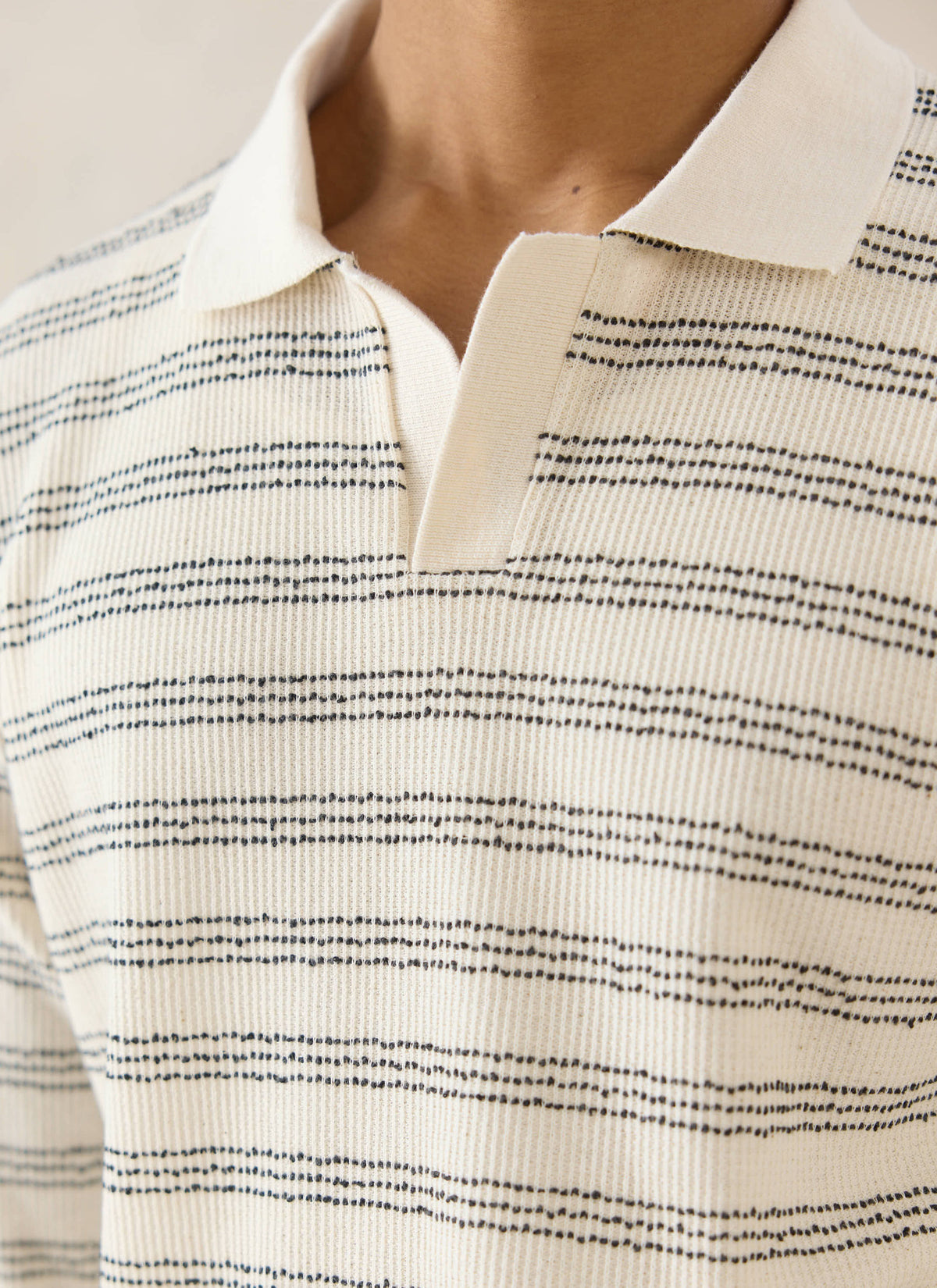 Men's Long Sleeve Knit Polo Shirt - Cotton - Cream Stripe - Percival