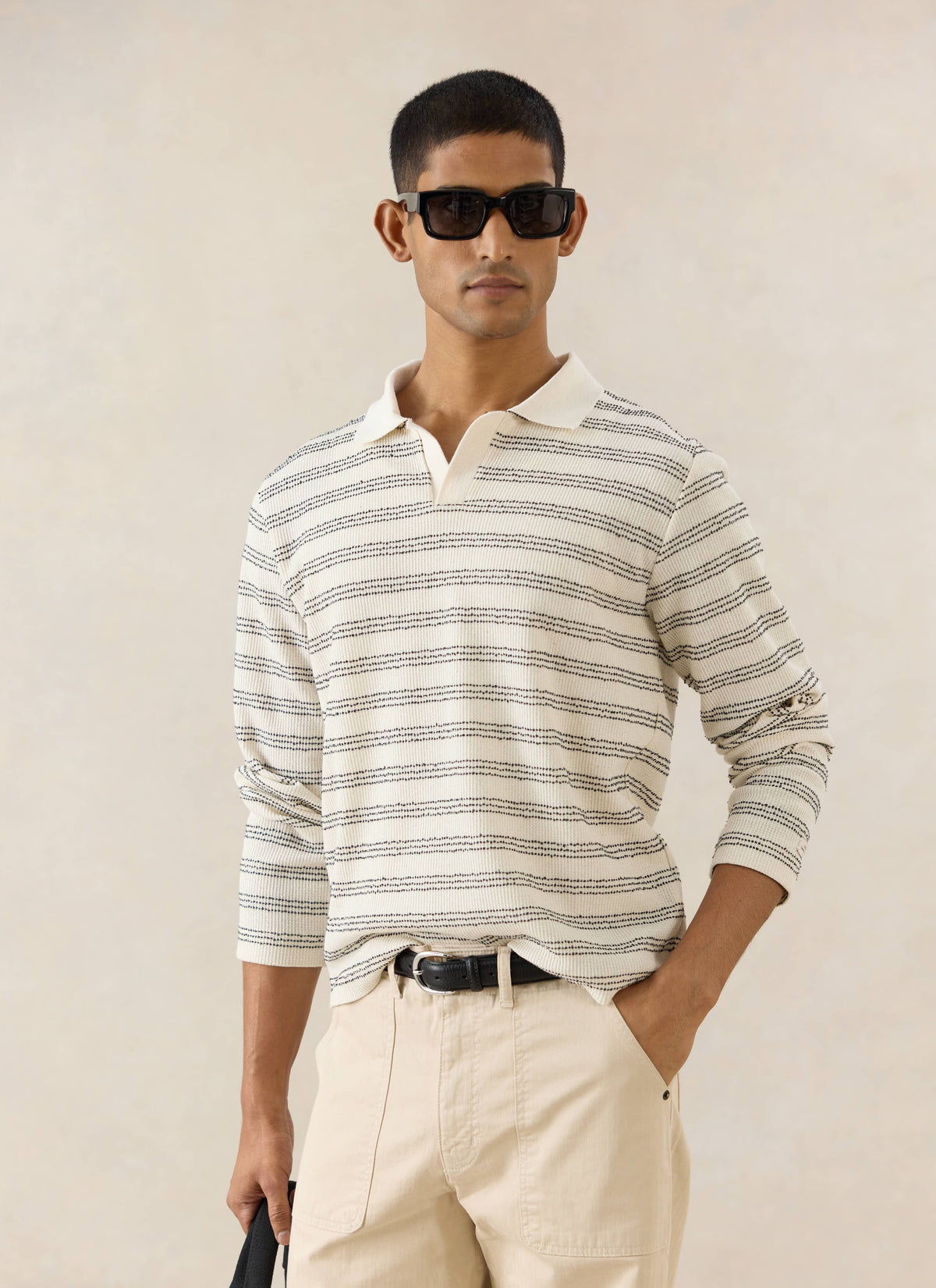 Men's Long Sleeve Knit Polo Shirt - Cotton - Cream Stripe - Percival