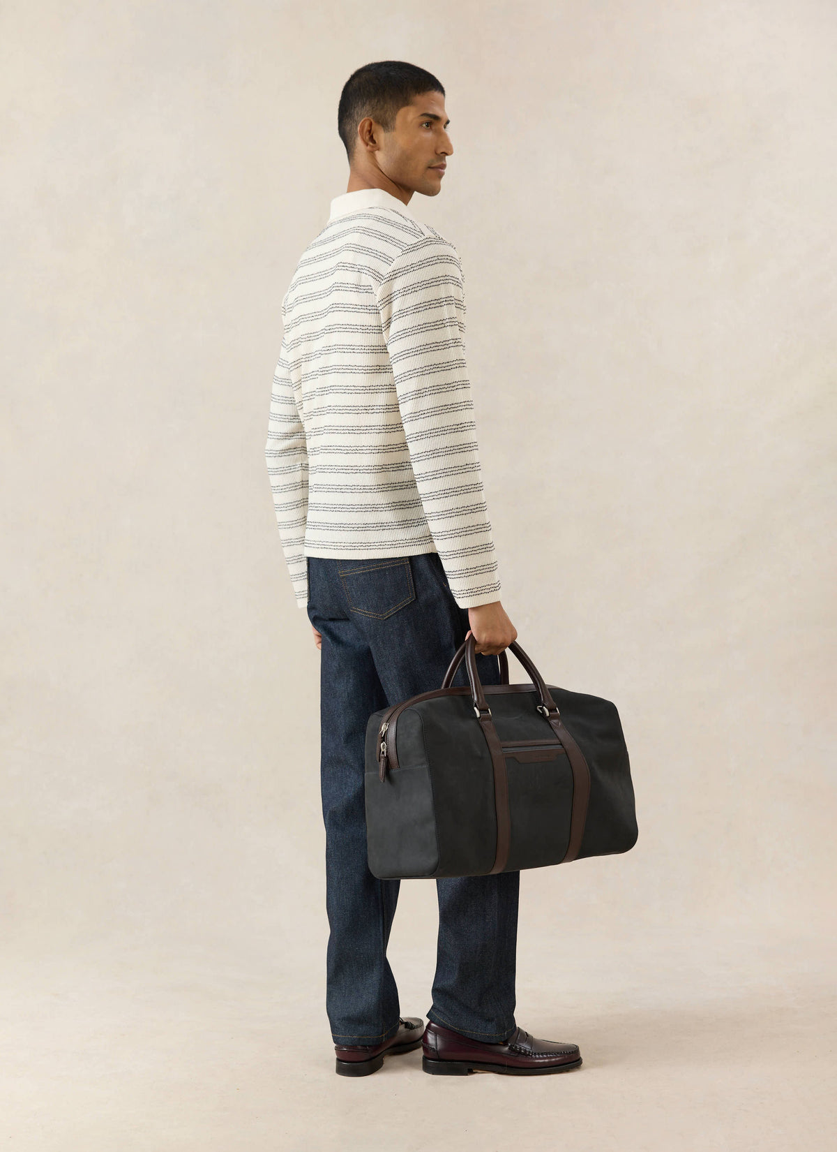 Men's Long Sleeve Knit Polo Shirt - Cotton - Cream Stripe - Percival
