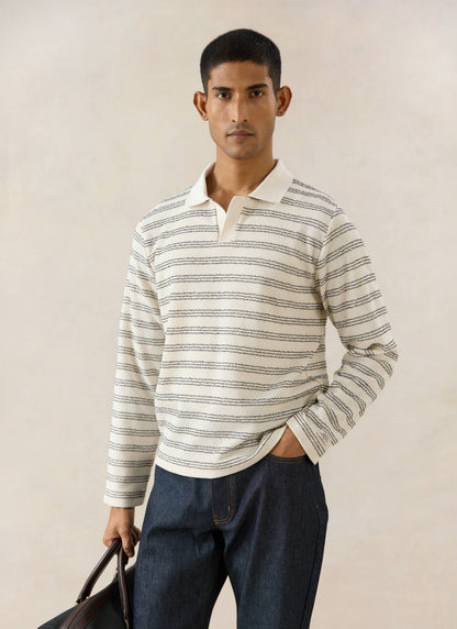 Men's Long Sleeve Knit Polo Shirt - Cotton - Cream Stripe - Percival