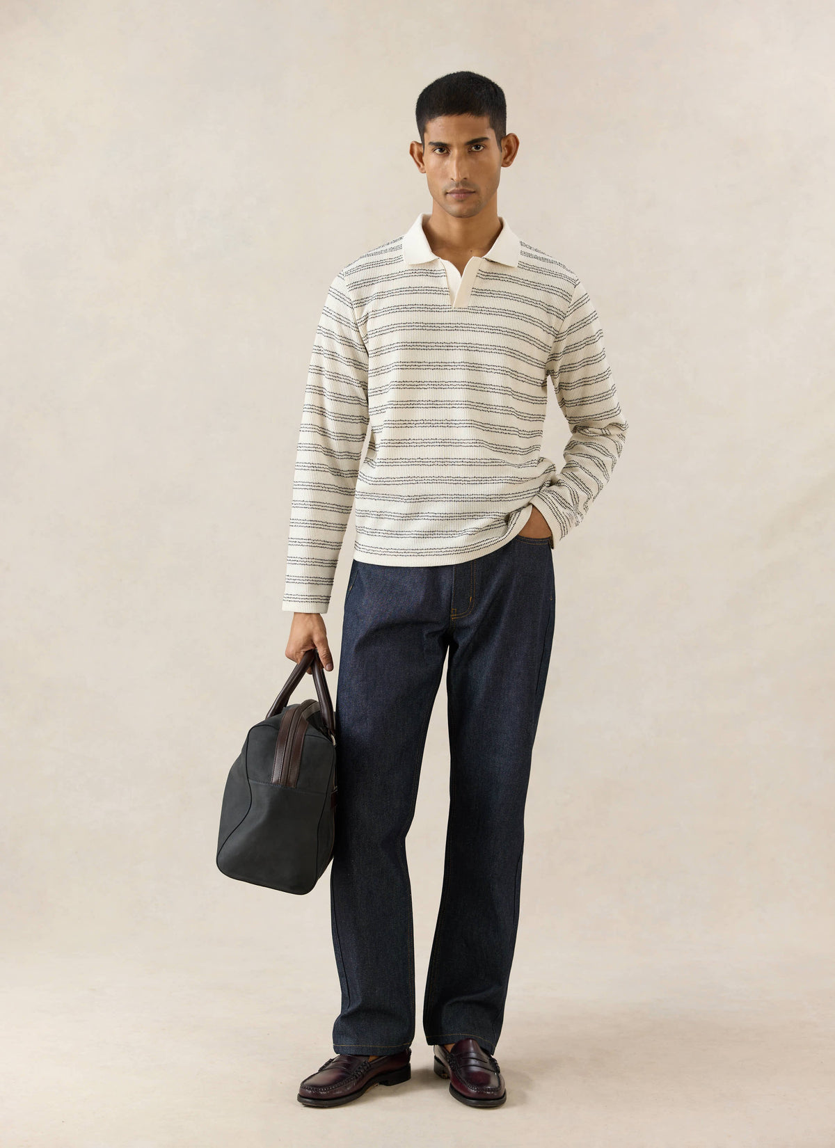 Men's Long Sleeve Knit Polo Shirt - Cotton - Cream Stripe - Percival