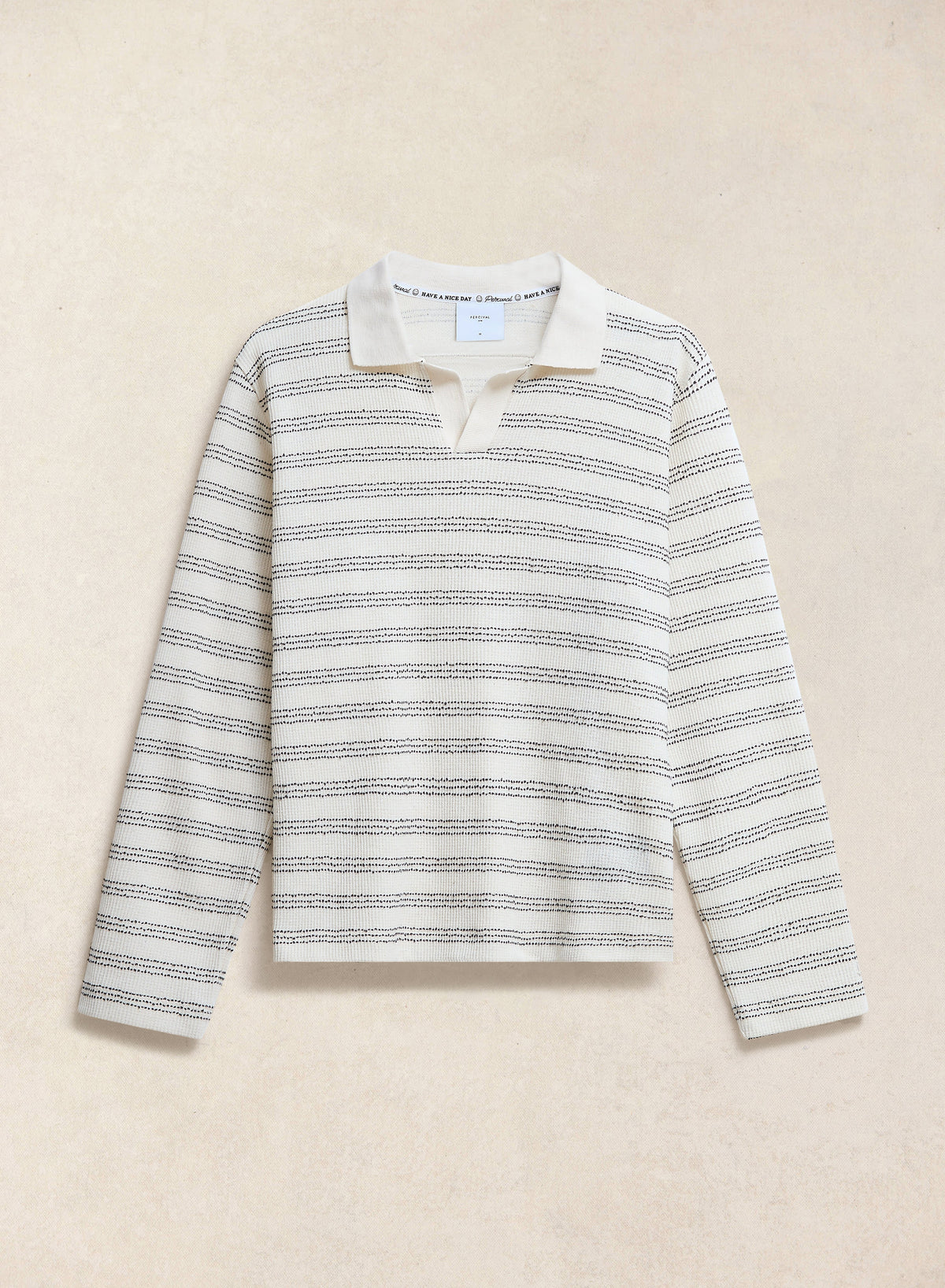 Men's Long Sleeve Knit Polo Shirt - Cotton - Cream Stripe - Percival