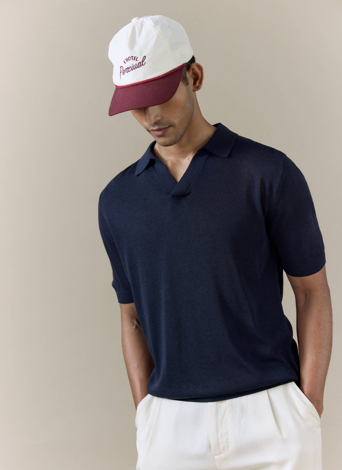 Men's Knitted Polo Shirt: Laurence - Open Collar - Navy Blue