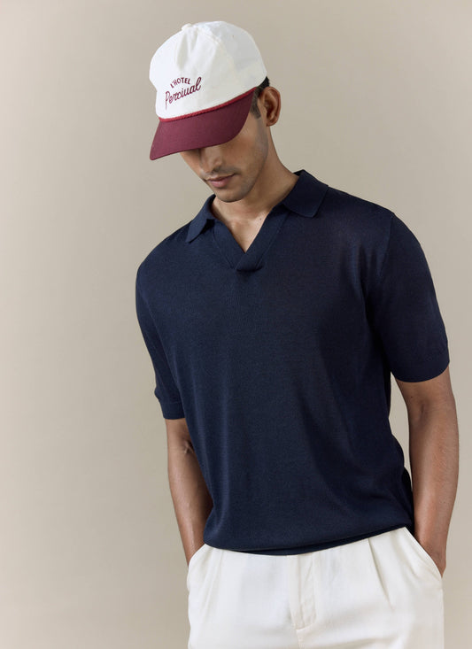 Men's Knitted Polo Shirt: Laurence - Open Collar - Navy Blue