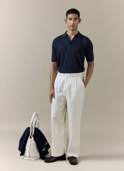 Men's Knitted Polo Shirt: Laurence - Open Collar - Navy Blue