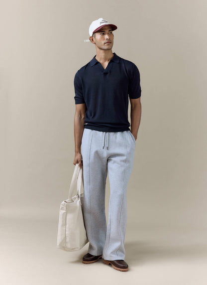 Men's Knitted Polo Shirt: Laurence - Open Collar - Navy Blue