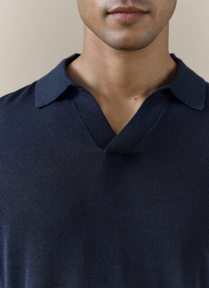 Men's Knitted Polo Shirt: Laurence - Open Collar - Navy Blue