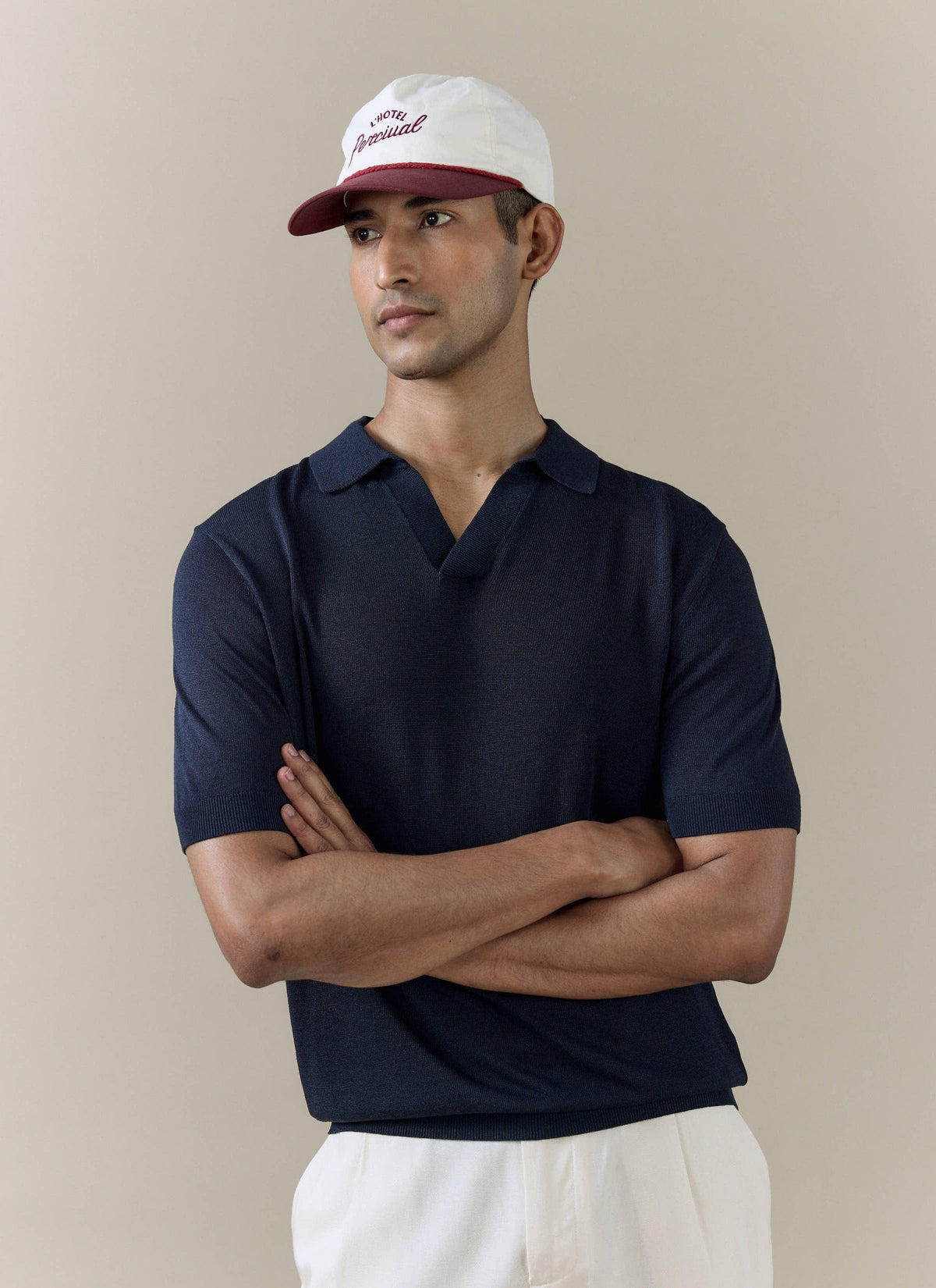 Men's Knitted Polo Shirt: Laurence - Open Collar - Navy Blue