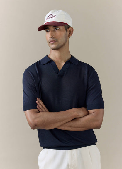Men's Knitted Polo Shirt: Laurence - Open Collar - Navy Blue