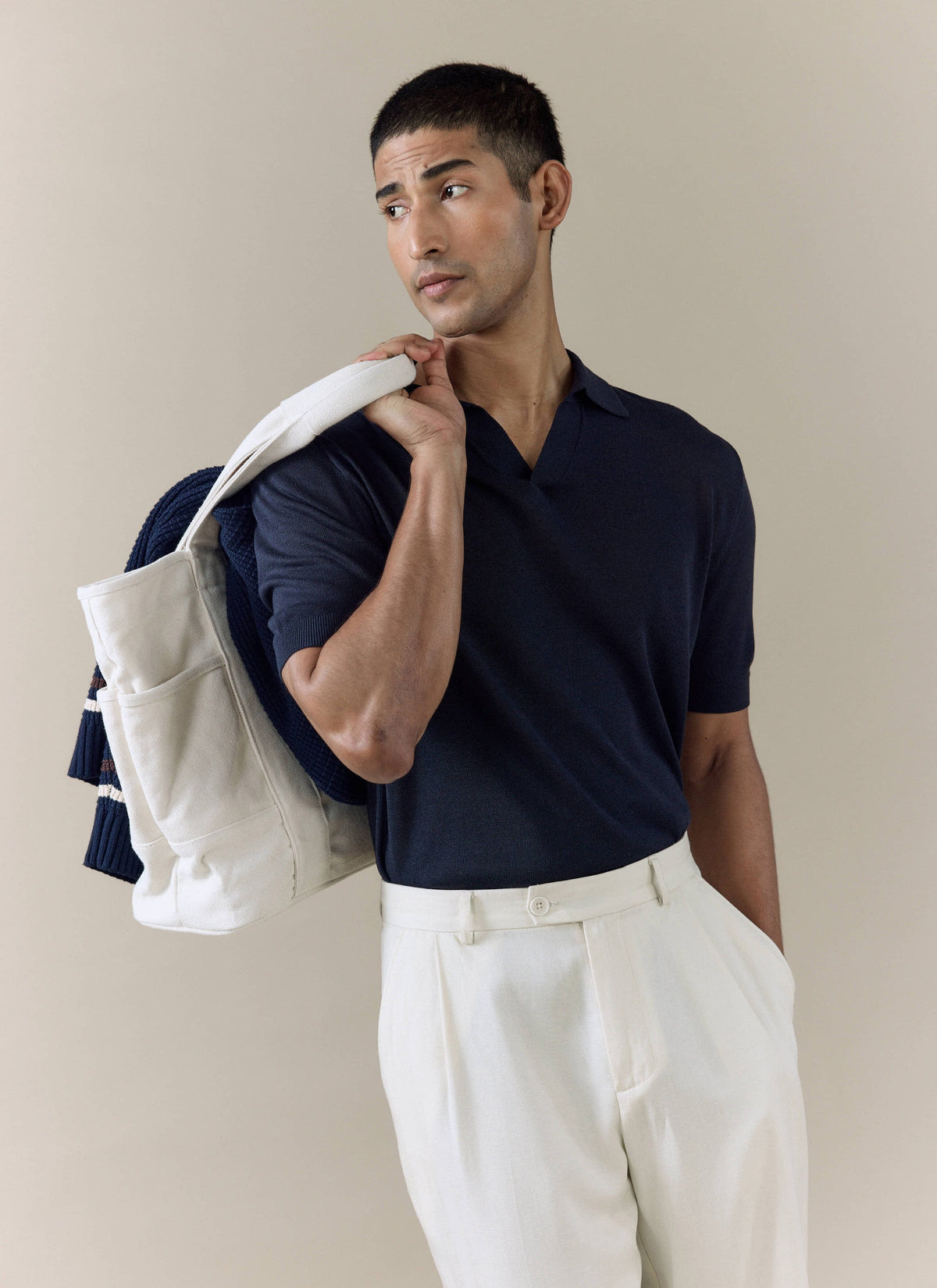 Men's Knitted Polo Shirt: Laurence - Open Collar - Navy Blue