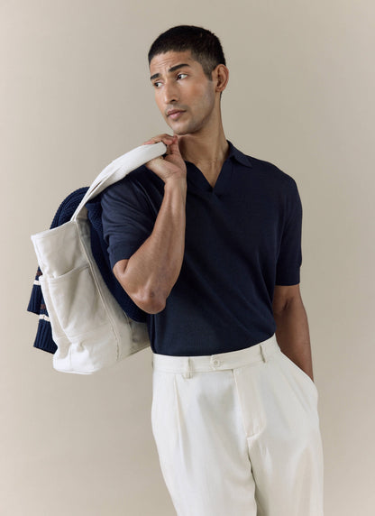 Men's Knitted Polo Shirt: Laurence - Open Collar - Navy Blue