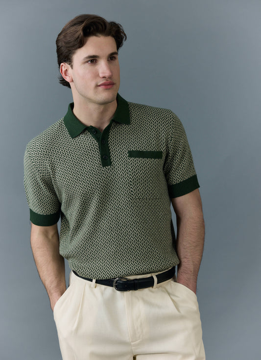 Men's Knitted Polo Shirt - Casa Martini - Forest Green