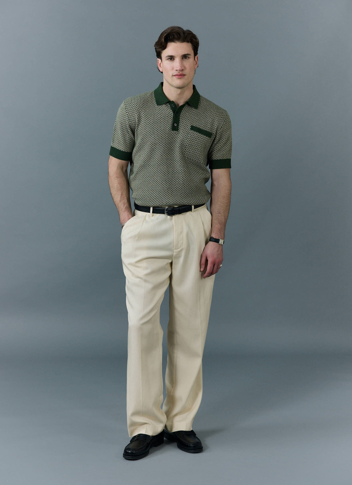 Men's Knitted Polo Shirt - Casa Martini - Forest Green