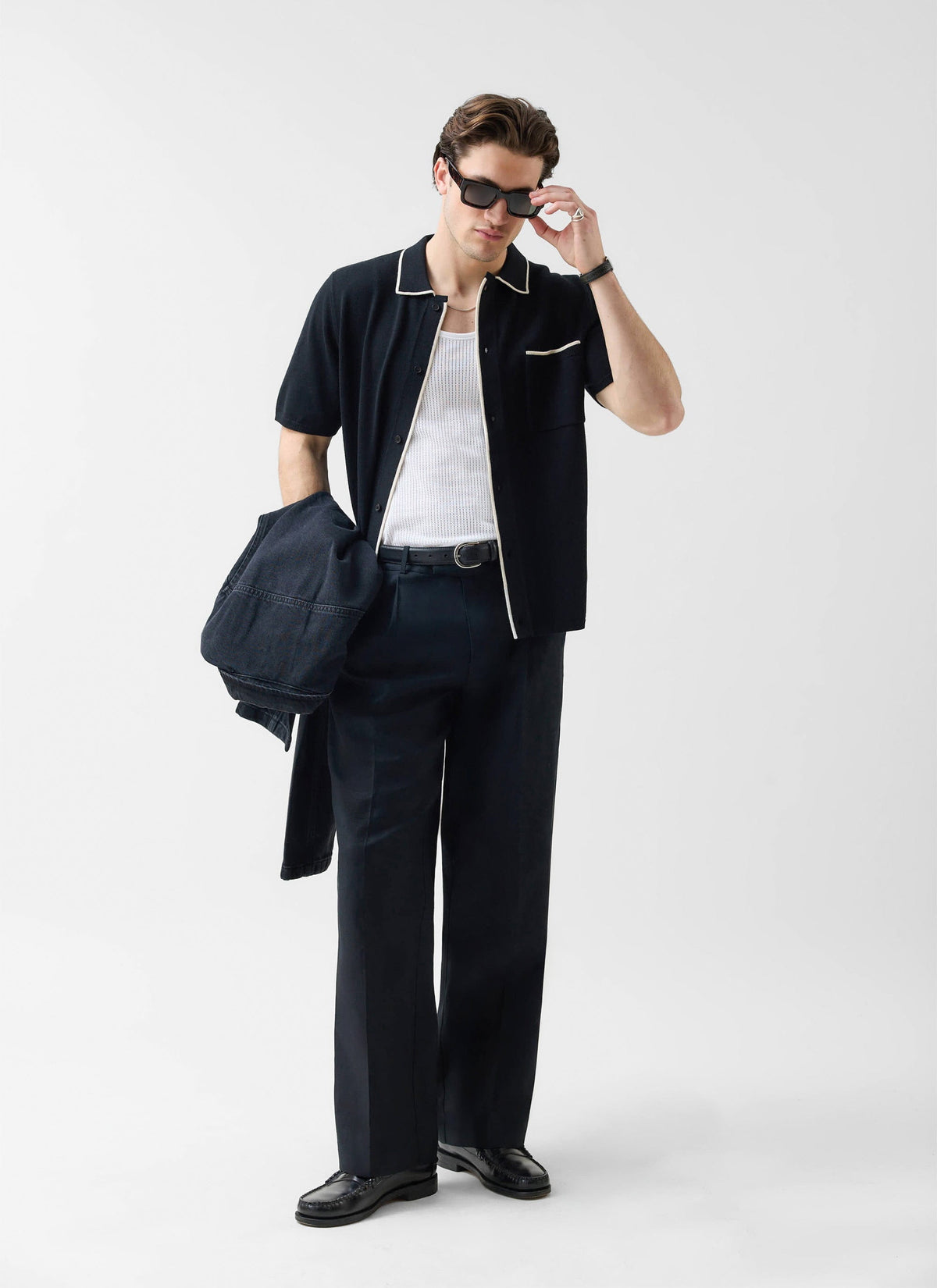 Contrast Trim Regular Knitted Shirt - Wool - Black