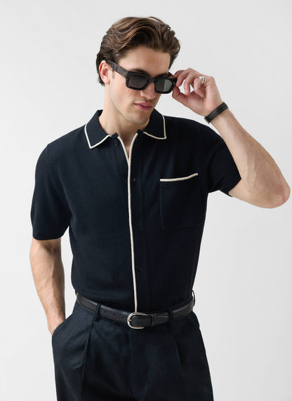 Contrast Trim Regular Knitted Shirt - Wool - Black