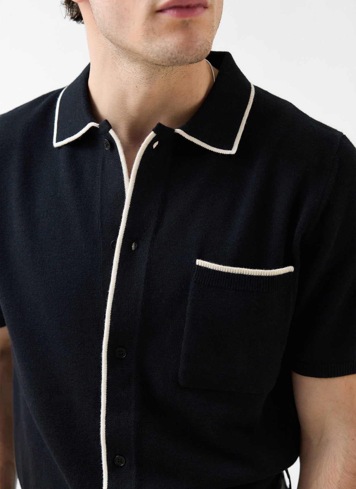 Contrast Trim Regular Knitted Shirt - Wool - Black