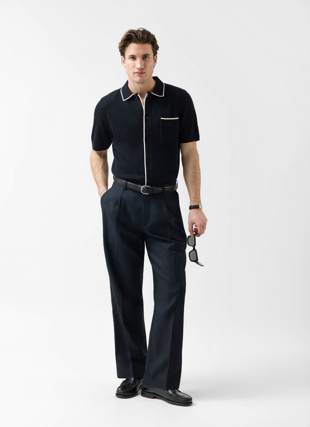 Contrast Trim Regular Knitted Shirt - Wool - Black