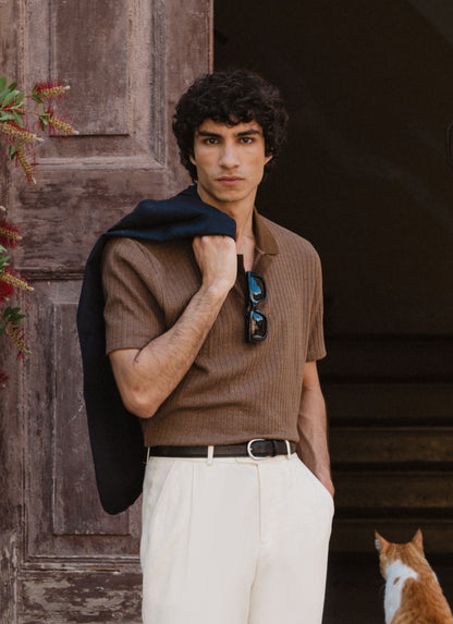 Men's Knitted Polo Shirt - Anthony - Cotton Blend - Brown