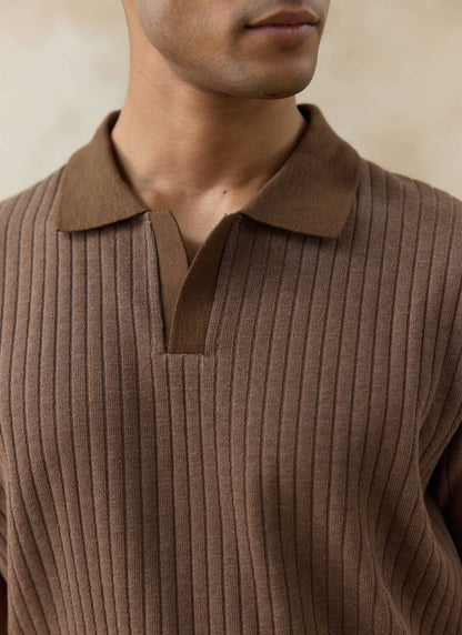 Men's Knitted Polo Shirt - Anthony - Cotton Blend - Brown