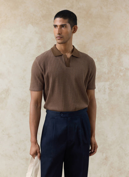 Men's Knitted Polo Shirt - Anthony - Cotton Blend - Brown
