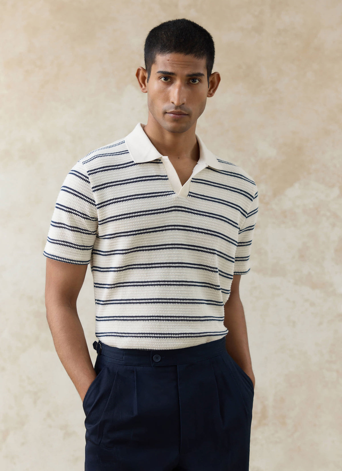 Men's Knitted Polo Shirt - Moore - Cotton - Cream Stripe
