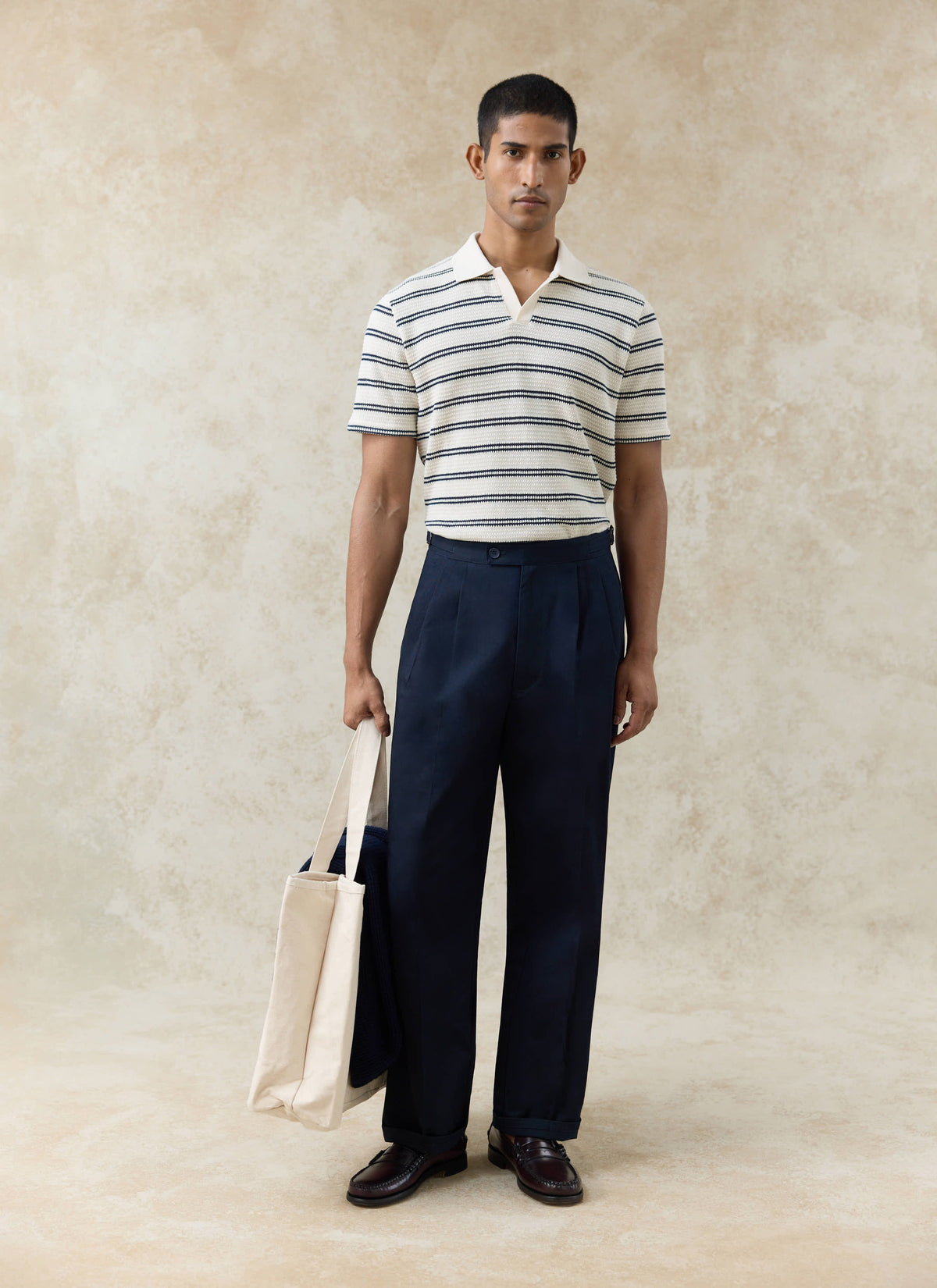 Men's Knitted Polo Shirt - Moore - Cotton - Cream Stripe