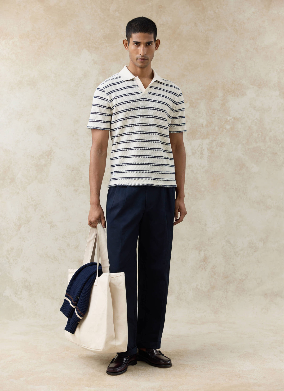 Men's Knitted Polo Shirt - Moore - Cotton - Cream Stripe