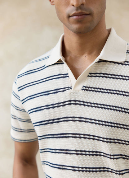 Men's Knitted Polo Shirt - Moore - Cotton - Cream Stripe