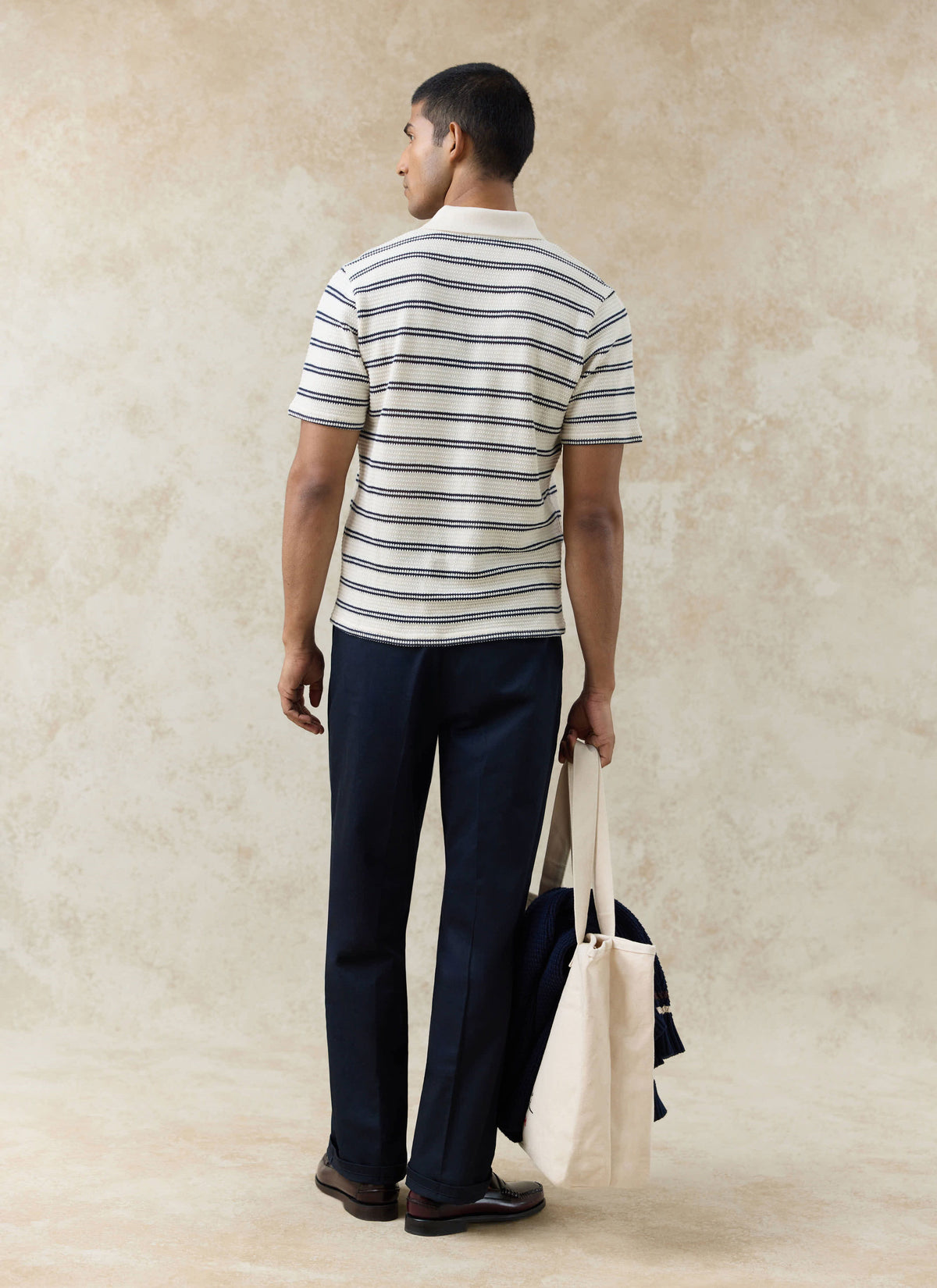 Men's Knitted Polo Shirt - Moore - Cotton - Cream Stripe