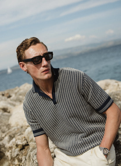 Men's Knitted Polo Shirt: Claude - Cotton - Navy Blue