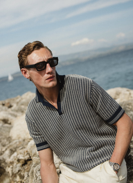 Men's Knitted Polo Shirt: Claude - Cotton - Navy Blue
