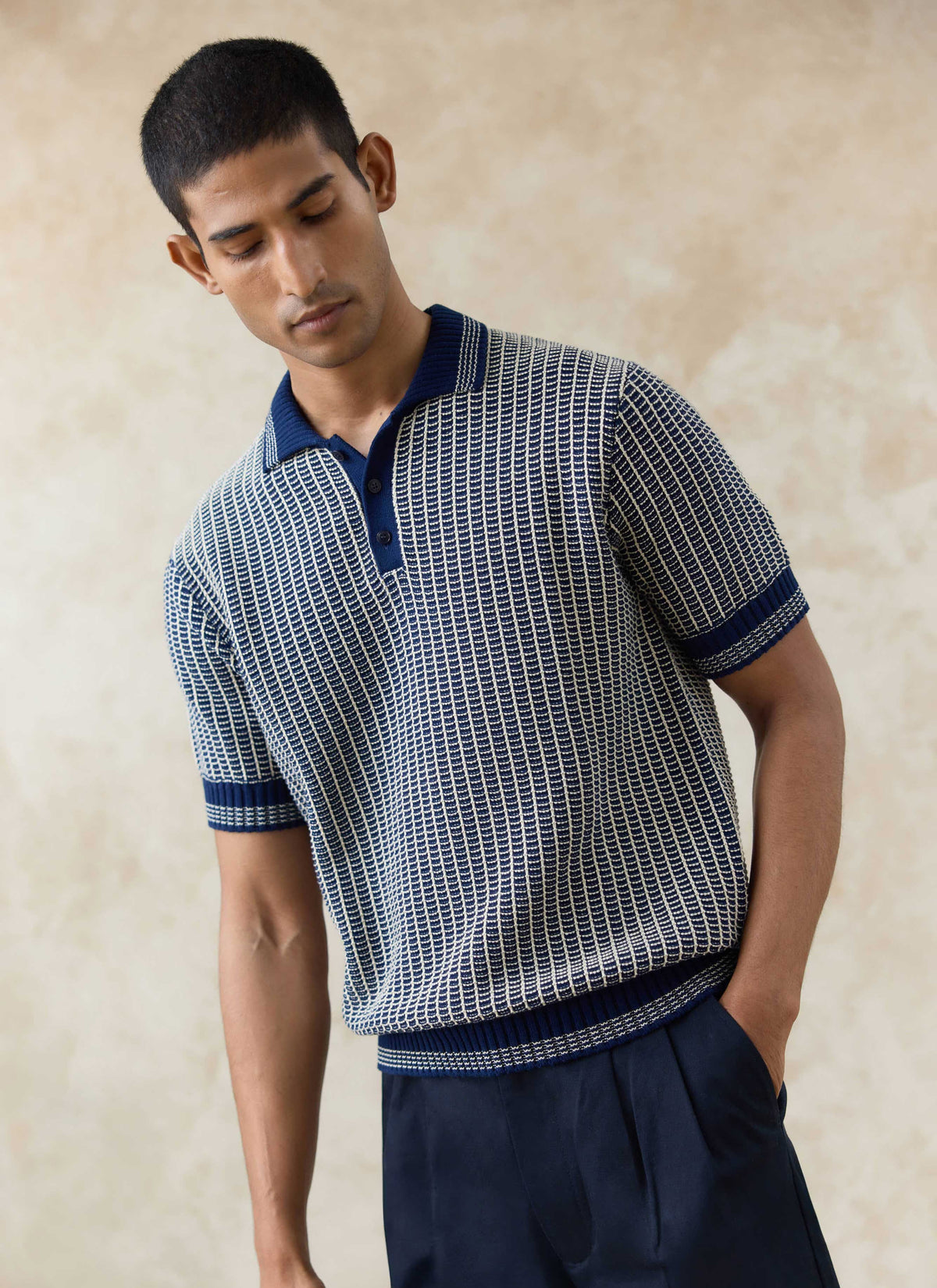 Men's Knitted Polo Shirt: Claude - Cotton - Navy Blue
