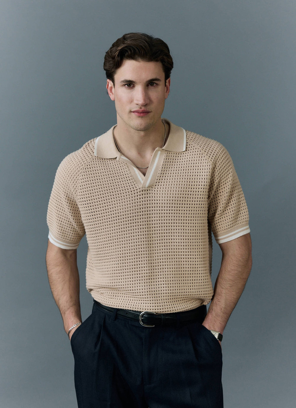 Men's Tennis Knit Polo Shirt - Cotton - Ecru Cream