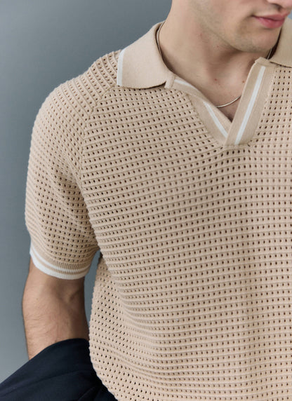 Men's Tennis Knit Polo Shirt - Cotton - Ecru Cream