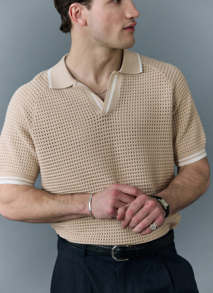 Men's Tennis Knit Polo Shirt - Cotton - Ecru Cream