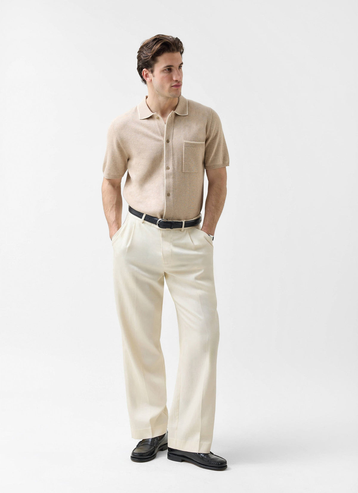 Men's Contrast Trim Knitted Shirt - Cotton - Beige