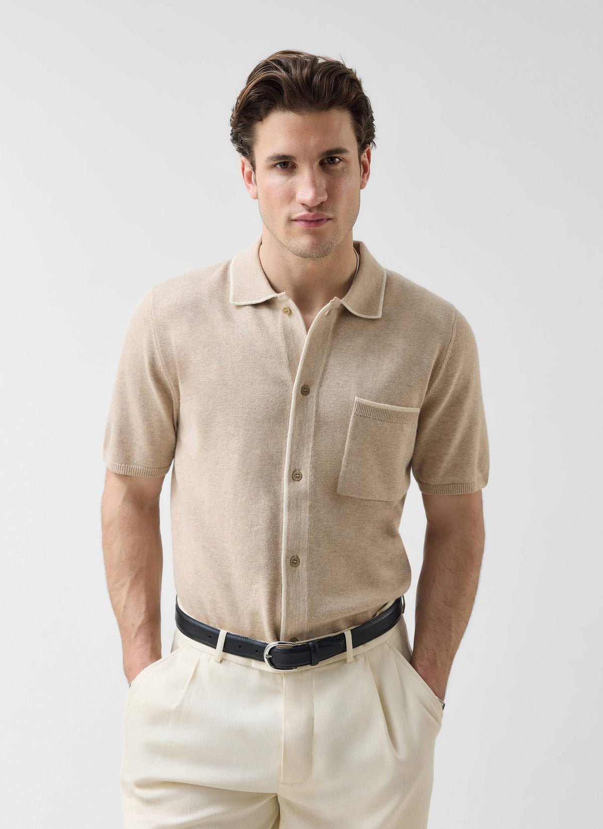 Men's Contrast Trim Knitted Shirt - Cotton - Beige