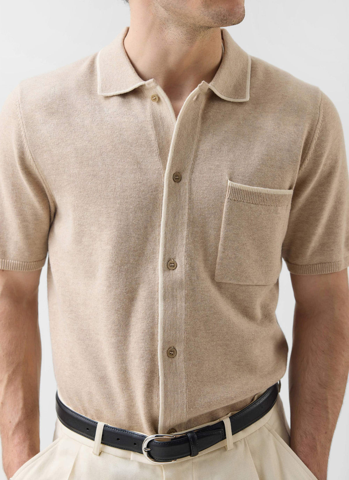 Men's Contrast Trim Knitted Shirt - Cotton - Beige
